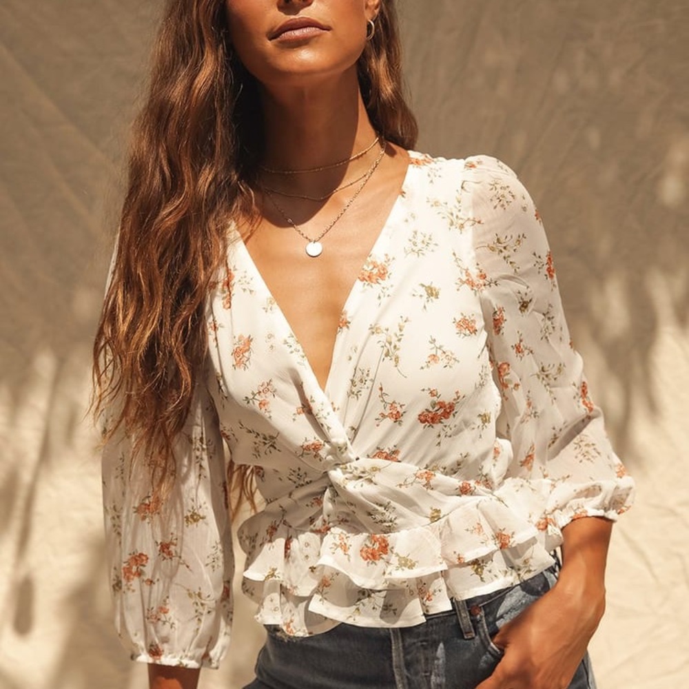 Lulus Ivory Floral Print Twist-Front Peplum Top